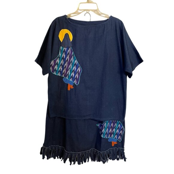 Vintage Alfredo’s Wife 2-Piece Blue Pull On Skirt Set Size Small Appliqué Fringe